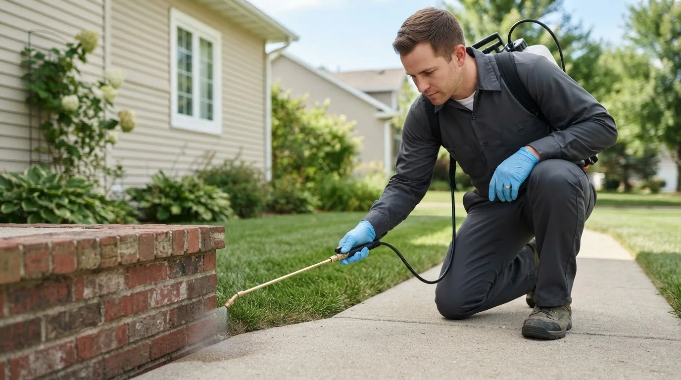 Pest control technician treating a home near Three Bridges, NJ